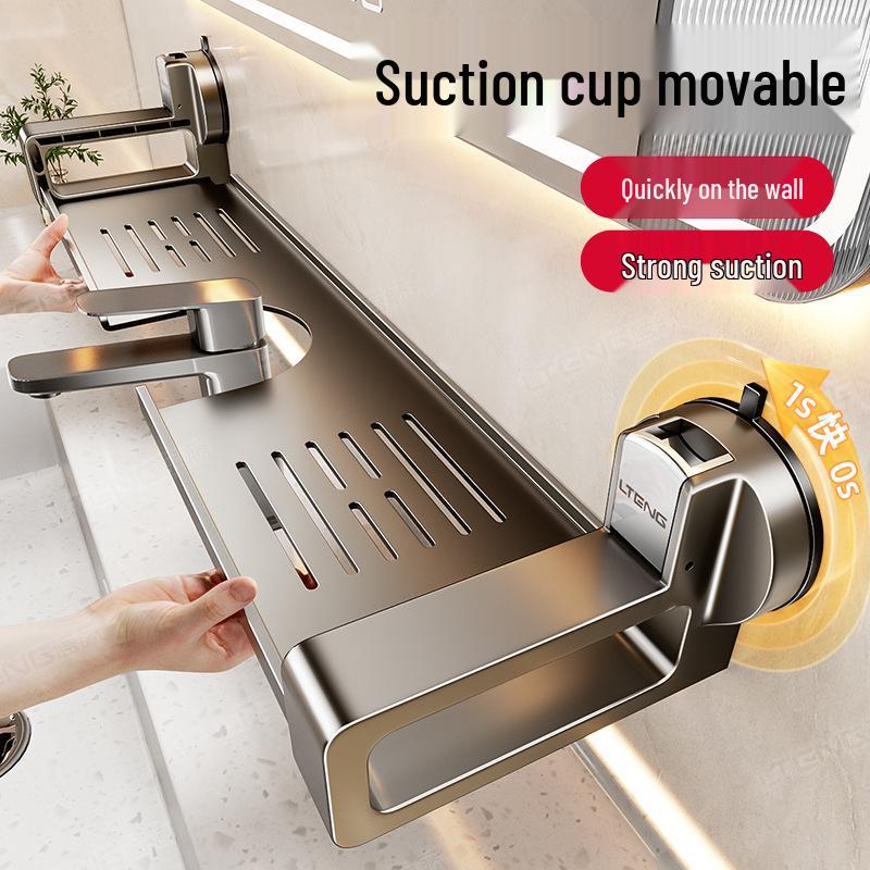 Wall-Mounted Bathroom Shelf with Mirror and Faucet Suction Cup Holder