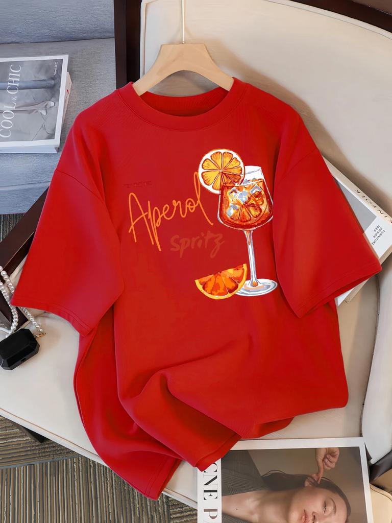Lemon Red Wine Printed Women Short Sleeve Round Neck T-shirt for Women Y2K Top New Fashion Comfortable Summer Women Clothes
