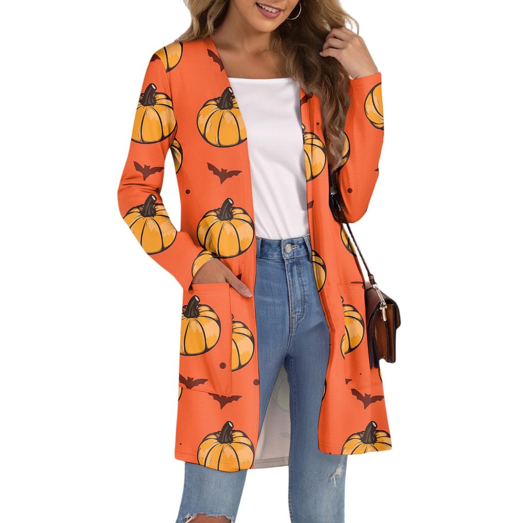 Cardigan da Donna Casual Comodo con Stampa di Halloween di Media Lunghezza con Tasche Giacca