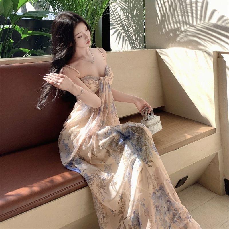 [Chest pad + shoulder strap adjustable] New Orosis pure desire vacation style temperament suspender dress Slim dress