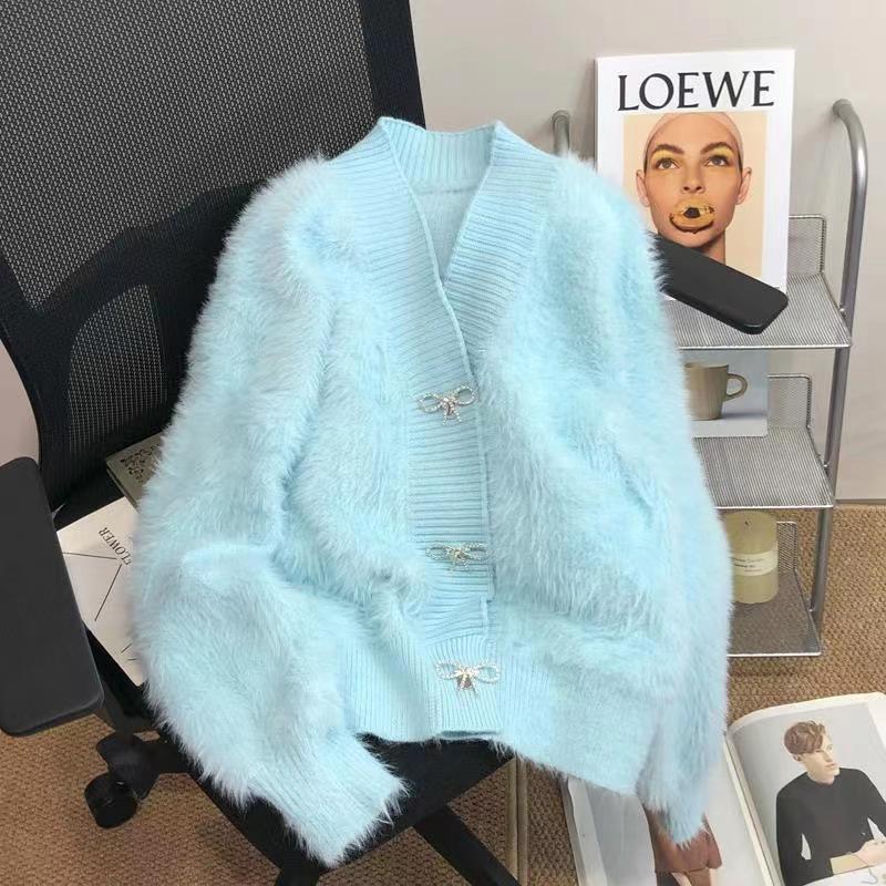 Luxusní růžový svetr-kabátek z norkového sametu pro ženy, podzimní a zimní novinka, silný, volný, elegantní, pletený kardigan s V-výstřihem