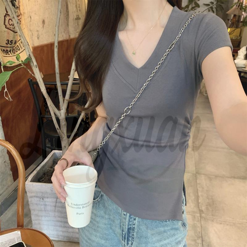 Summer Korean Style V-Neck Pleated Slim-Fit Versatile Short-Sleeve Women s Top XL