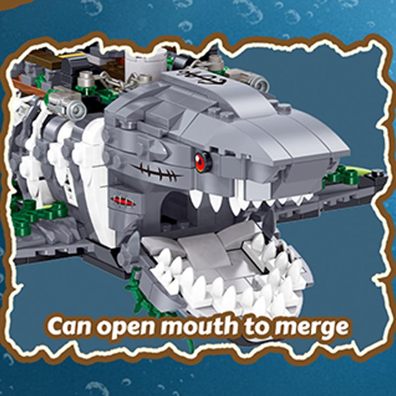 1155PCS Shark Pirate Ship Building Blocks Creative Sea Shark Ghost Ship Model Bricks With Light Kids Educational DIY Toy Gifts