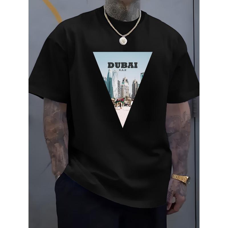 Men s Dubai UAE Architectural Print T-Shirt - Suitable for Summer, Casual Round Neck Tee with Dubai Lettering, Ideal for Travel & Casual Attire S разноцветный