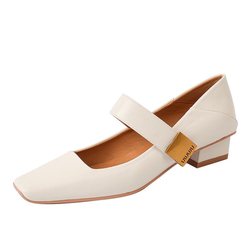 X Fairy Mary Jane Shoes Velcro Soft Leather Versatile Square Head Single Shoes Low Heel Stepable Heel