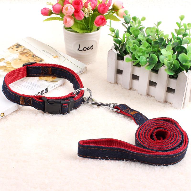 Denim-Stitched Dog Harness and Leash Set with Collar