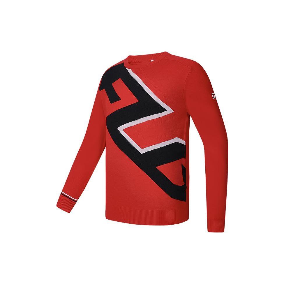 FILA Golf Series Color Block Round Neck Elite Pullover Long Sleeve Knit Sweater Men sweater Fluorescent-Flame-Red A11M415401F-RD