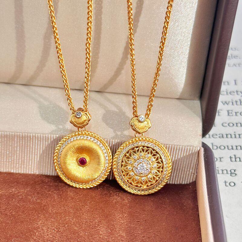 Rotating Compass Rose Pendant With Rhinestone Flower Window Satin Finish Gold-Tone Necklace On Chain Women Gold Color Double-Sided