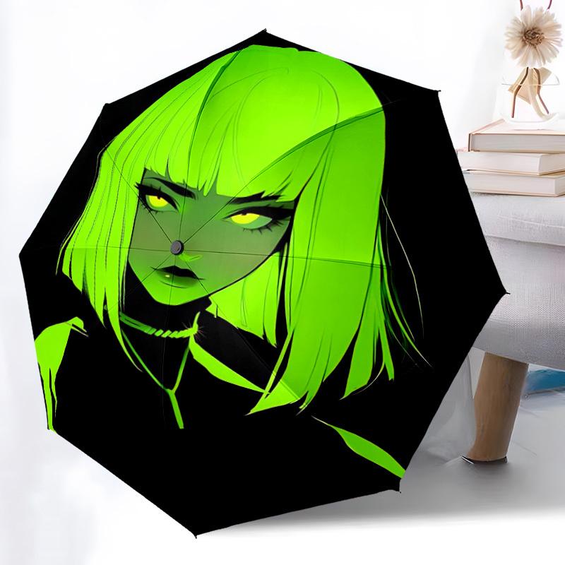 1pc Neon Green Hair Automatic Open/Close Umbrella 8-Rib Strong Frame, Portable Travel Umbrella for Women & Men, Birthday Gift Parties 002
