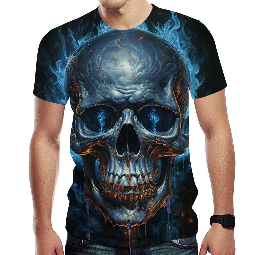 Summer Round Neck 3D Flame Skull Graphic Print Top Fashionable Casual Short Sleeved Men's T-shirts