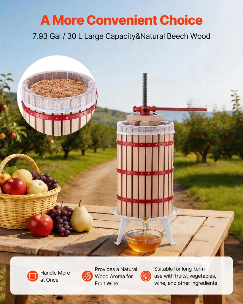 Fruit Wine Press, 7.93Gal/30L Manual Juice Maker, Solid Beech Wood Basket, Vintage Traditional Juicer with 6 Press Wooden Blocks, 2 Filter Bags, Heavy