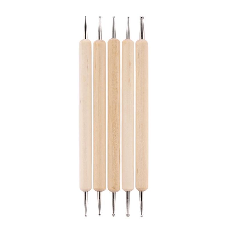 5pcs Double-Ended Nail Art Dotting Pens with Wood Handles for Rhinestones and Polka Dots