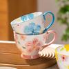 1pcs Flower Ceramic Mug Heat-resistant Breakfast Milk Oat Cup Hand Drawn Large Capacity Juice Handle Cup Microwave Safe 450ml