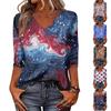 Women's Fashionable Casual Independence Day American Flag and Stars Print V-Neck Three-Quarter Sleeve T-Shirt Top