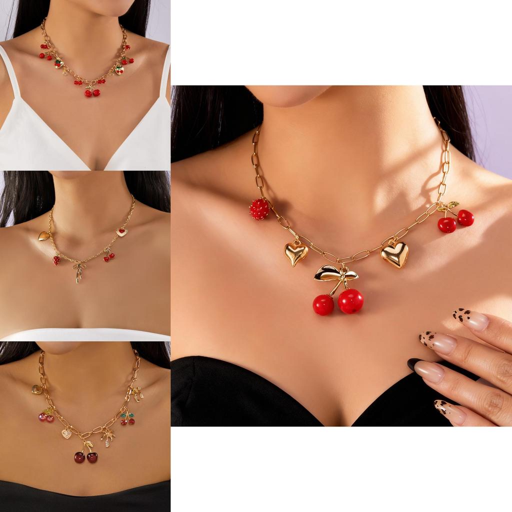 Bracelet Chaîne Pendentif Cœur d'Amour Cerise Avec Chaîne de Perles Pour Femmes Style Été