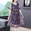 Chiffon Dress Mid-length Plus Size Printed Floral Over-the-knee Dress O-Neck Short Sleeve Loose