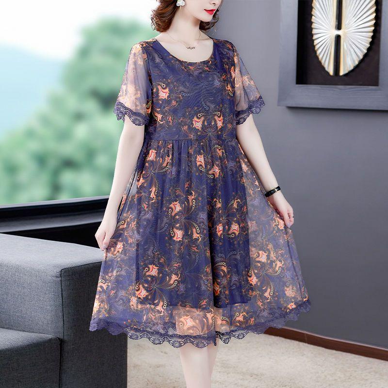 Chiffon Dress Mid-length Plus Size Printed Floral Over-the-knee Dress O-Neck Short Sleeve Loose