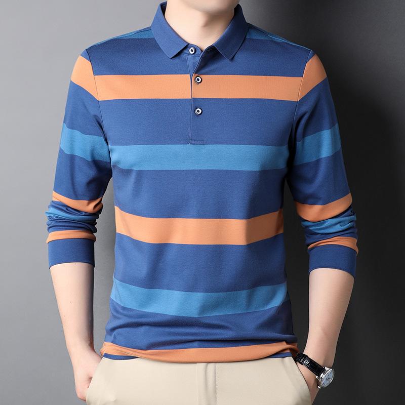 Lente Nieuwe Mode Casual Jong en Middelbare Leeftijd Heren Gestreept Dunne Revers Poloshirt T-shirt met Lange Mouwen