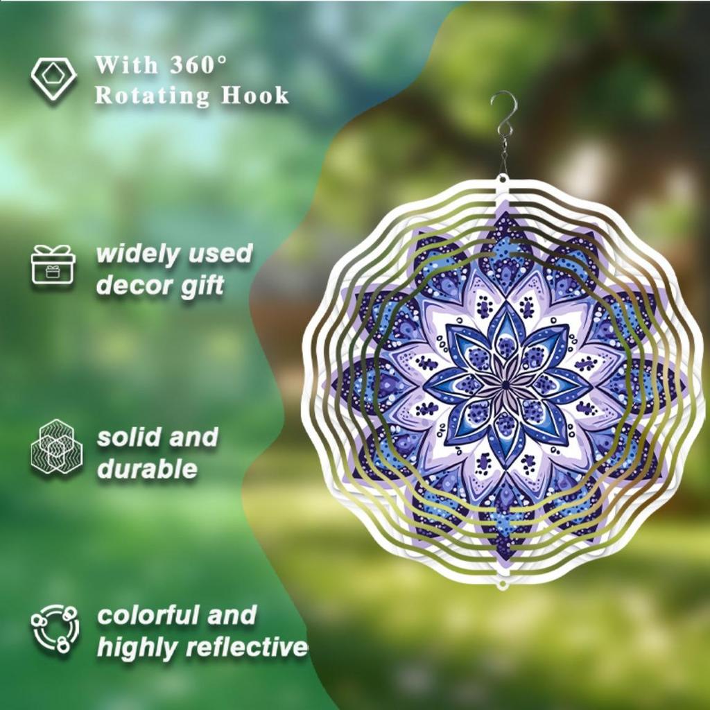 Blue Purple Mandala Wind Chime 10 Inch Metal Outdoor Garden Decor Hanging for All Seasons Vibrant Floral Design Detailed Craftsmanship Garden Art