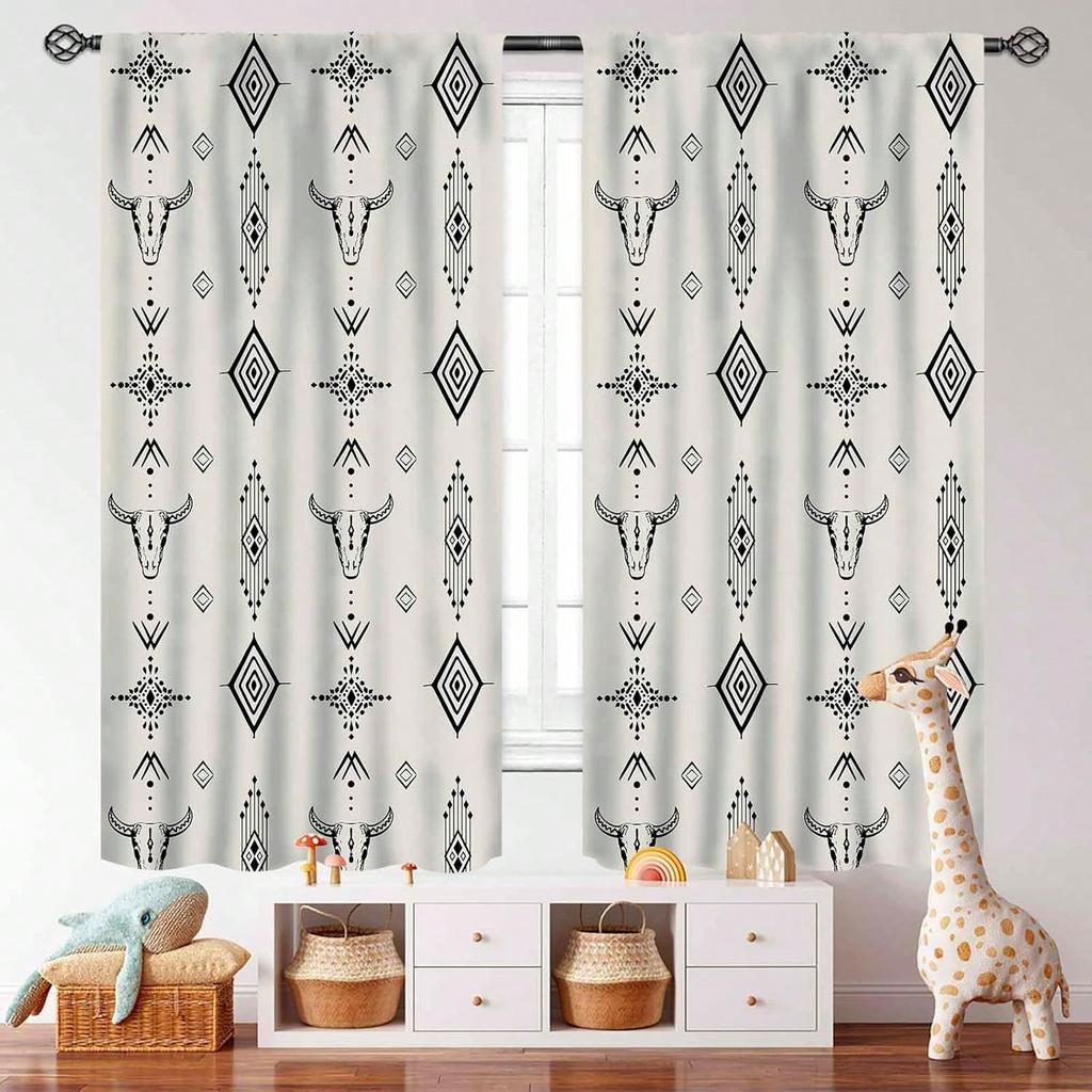 Print Window Curtain  Rustic Retro Bull Skull Native  Boho Design  Pattern Window Treatments For Bedroom Living Room Kitchen