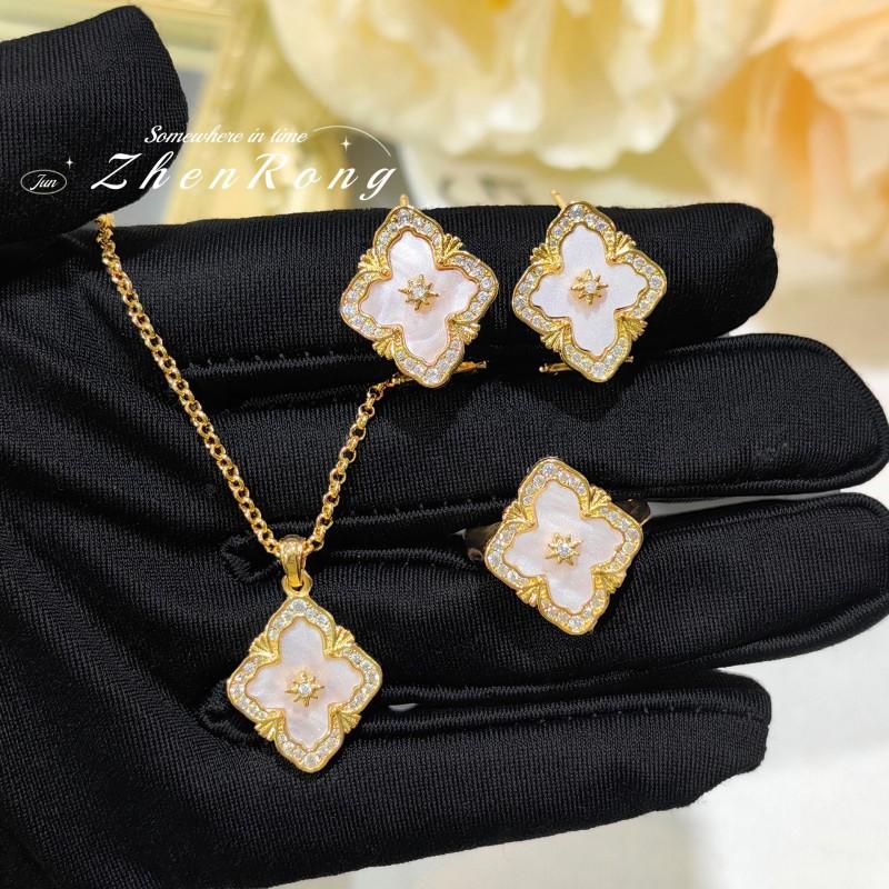 Vintage Style Pink Mother-of-Pearl Jewelry Set With Clover Charm Necklace Bracelet Ring Earrings Women