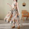 2025 Summer New Retro Printing Cotton and Linen Long Dress Women's Loose and Thin Round Neck Sleeveless Vest Dress