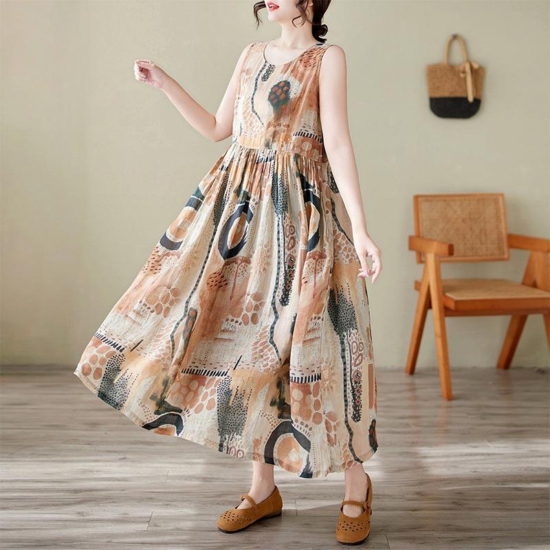 2025 Summer New Retro Printing Cotton and Linen Long Dress Women's Loose and Thin Round Neck Sleeveless Vest Dress