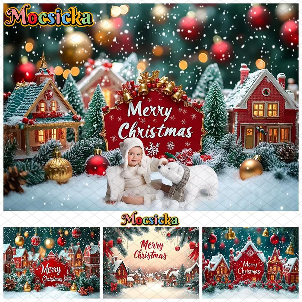 Mocsicka Merry Christmas Background Photography House Small Bell Snowflake Xmas Tree Decorations Party Backdrop Photocall Banner