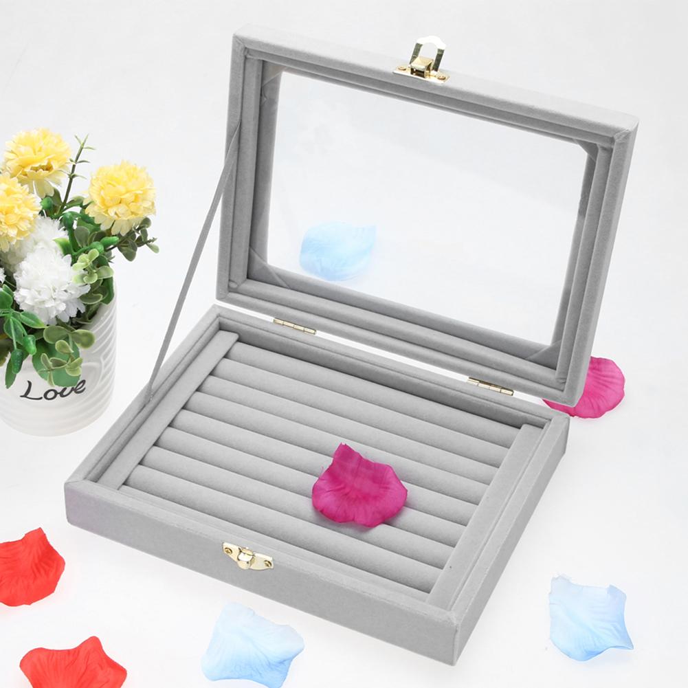 Velvet Jewelry Box with Glass Cover Jewelry Rings Stud Organizer Tray Box Portable Earrings Necklace Jewelry Display Holder Case
