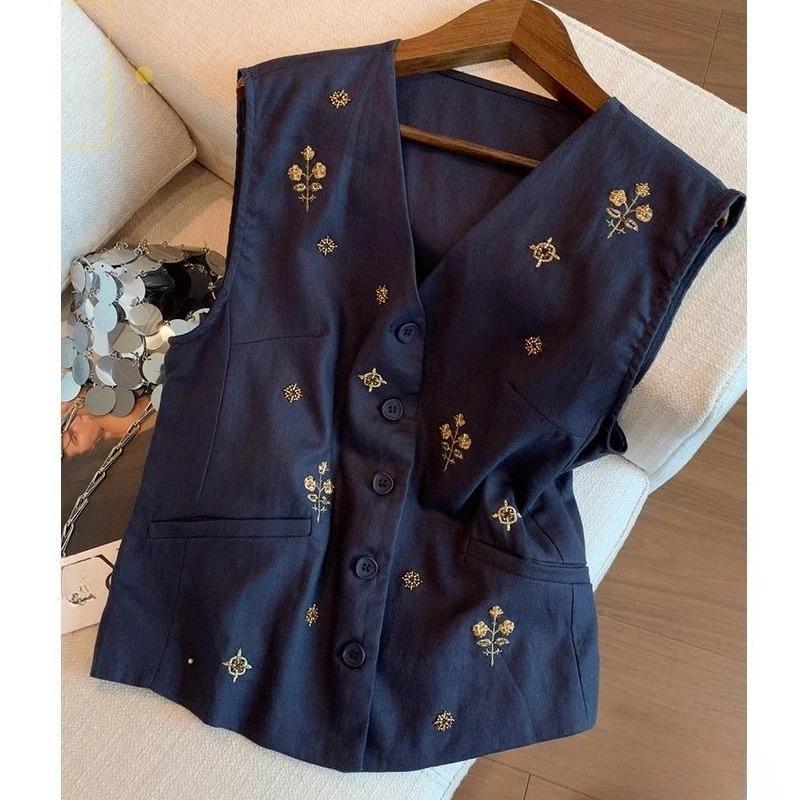 Women's Summer Vest Embroidered Cotton and Linen Sleeveless Blouse Loose V-neck Fashion Vest