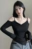 Plain Fabric Vneck Long Sleeve Tshirt With Embroidery For Women