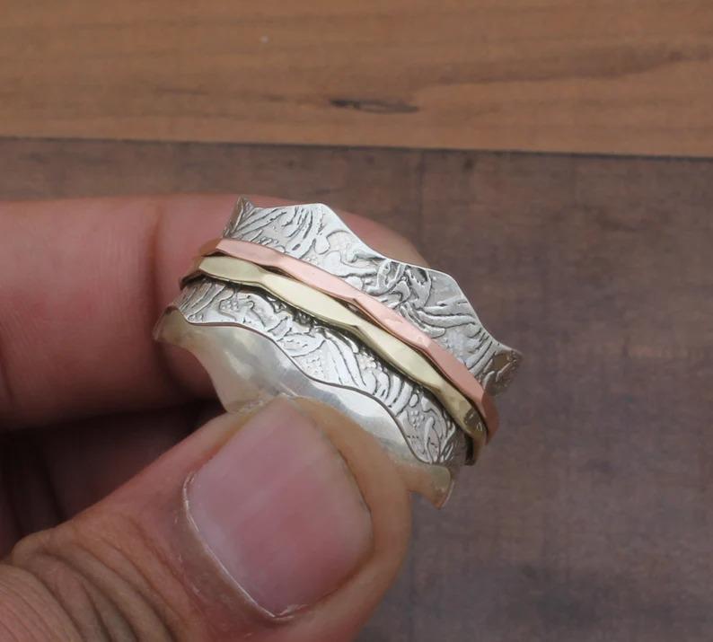 

Дизайнерское кольцо Spinner Band ручной работы, двухцветное кольцо, кольцо из твердого серебра 925 пробы, богемное кольцо, мужское женское кольцо, рождественский подарок 6