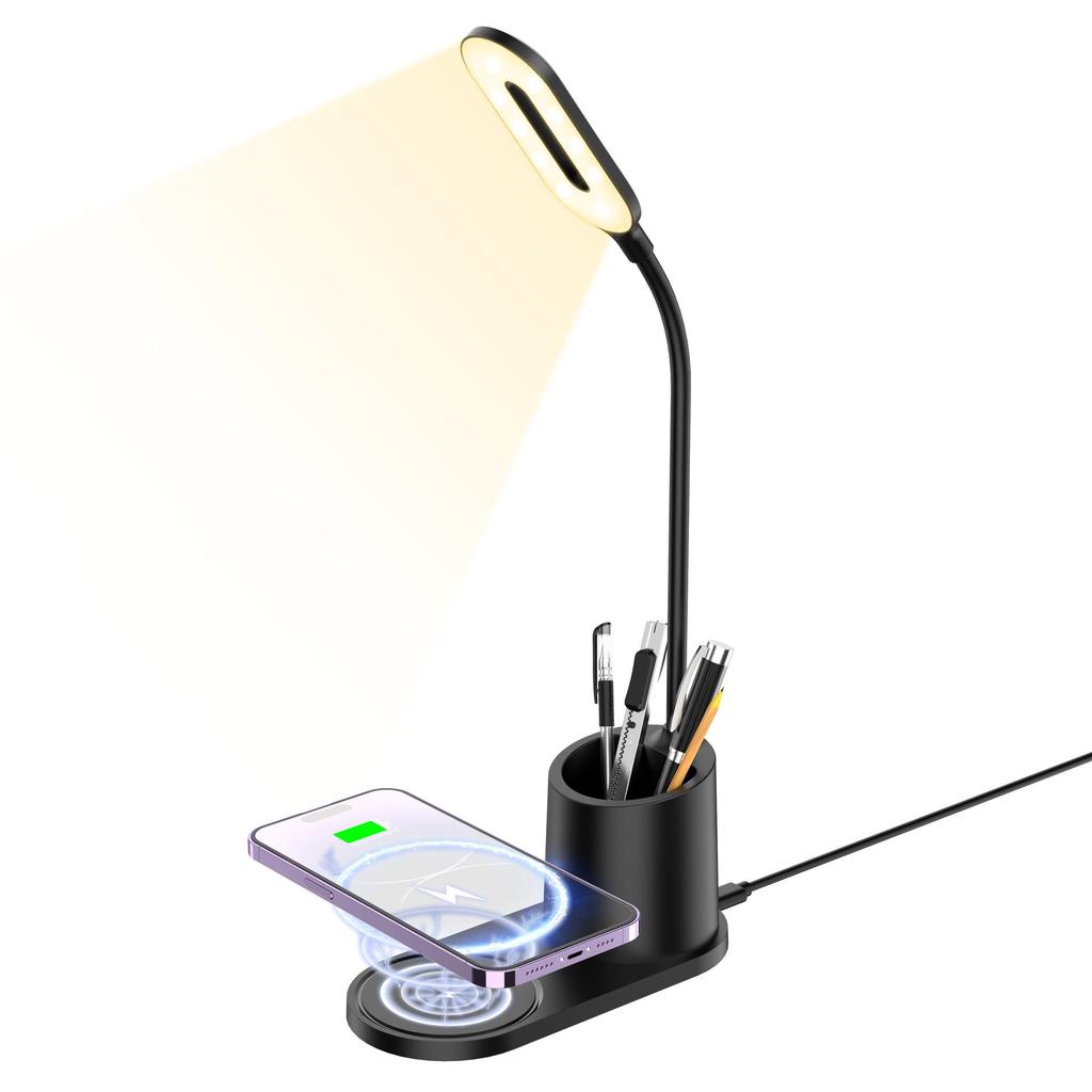 3-in-1 Pen Holder Desk Lamp with 15W Wireless Fast Charging, QC2.0 Protocol, TYPE-C Power, 360° Flexible Pole & 3-Color Stepless Dimming