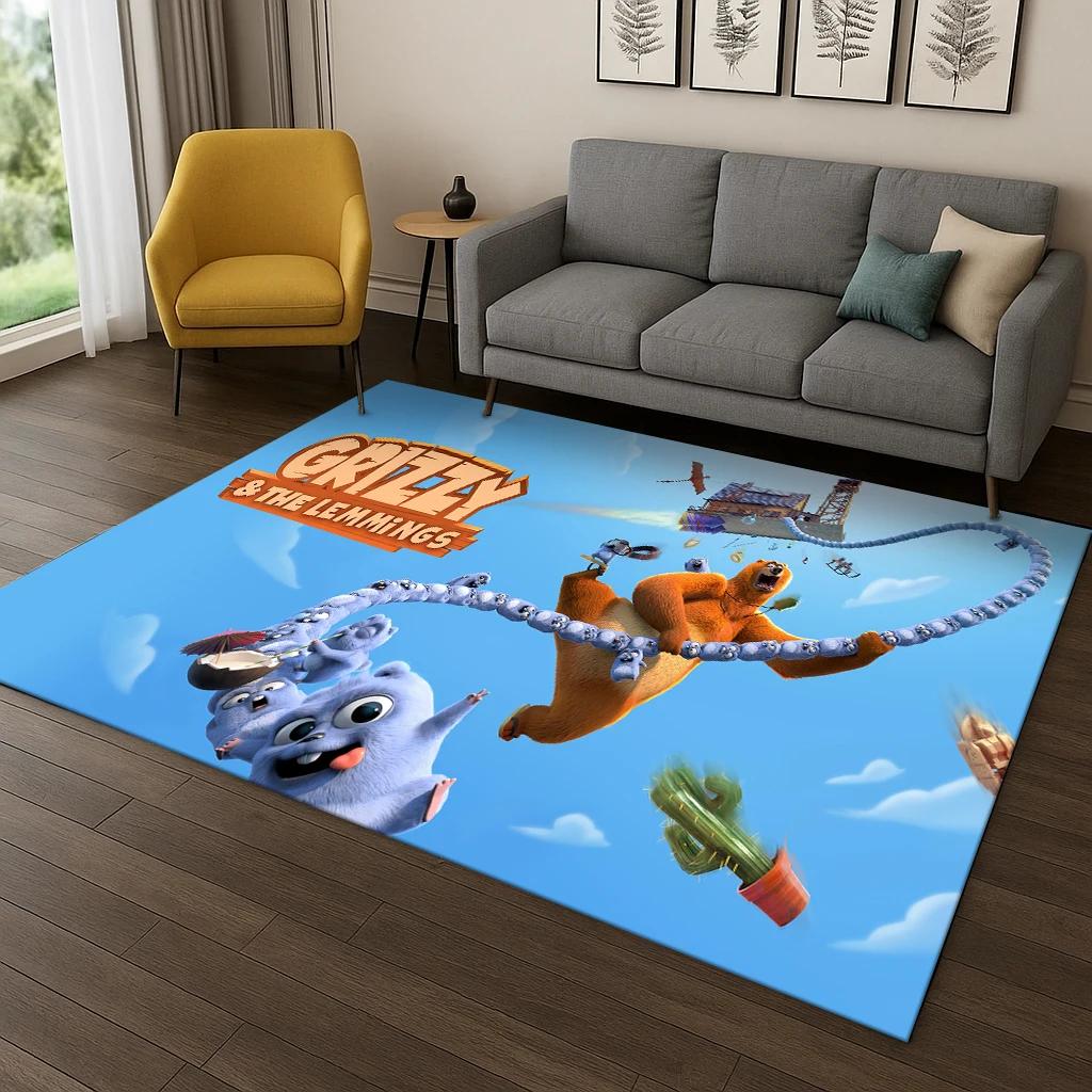 Covor amuzant Grizzy și Lemingii Desen Animat pentru Dormitor Sufragerie Canapea Preș de Intrare Decor, Covor Mare Non-alunecos pentru Joacă Copii