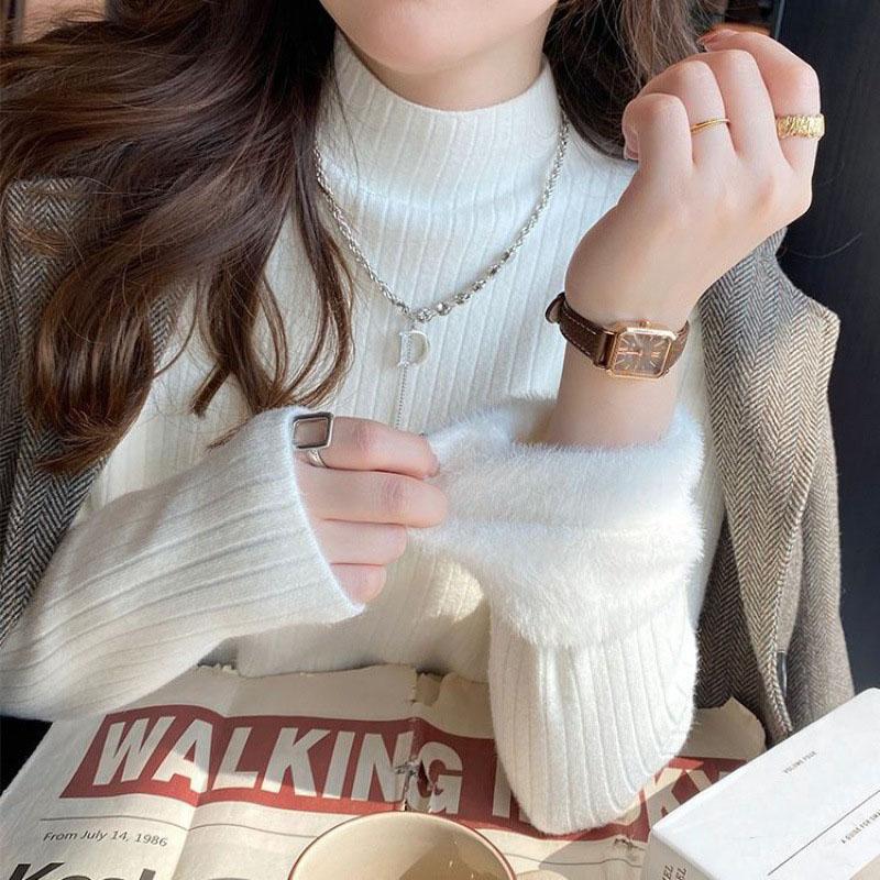 Women's Beige Pluse Velvet Knit Turtleneck Ladies Korean Sexy Underwear Warm Winter Clothes Pullovers Sweater For Women