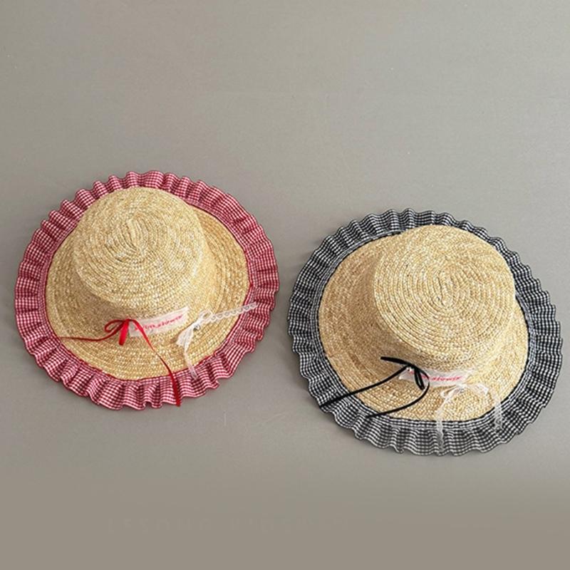 Kids Outdoor Fisherman Hat Trendy Checkered Wide Brimmed Sun Hat Adjustable Size Lovely Bowknot Accent for Summer