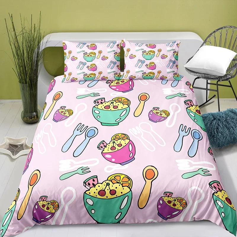 Liebevolles Cartoon-Essen Perlenmilchtee Bequeme Bettdecke Bettbezug Kissenbezug Bettwäscheset Kinderzimmerdekoration Heimtextil