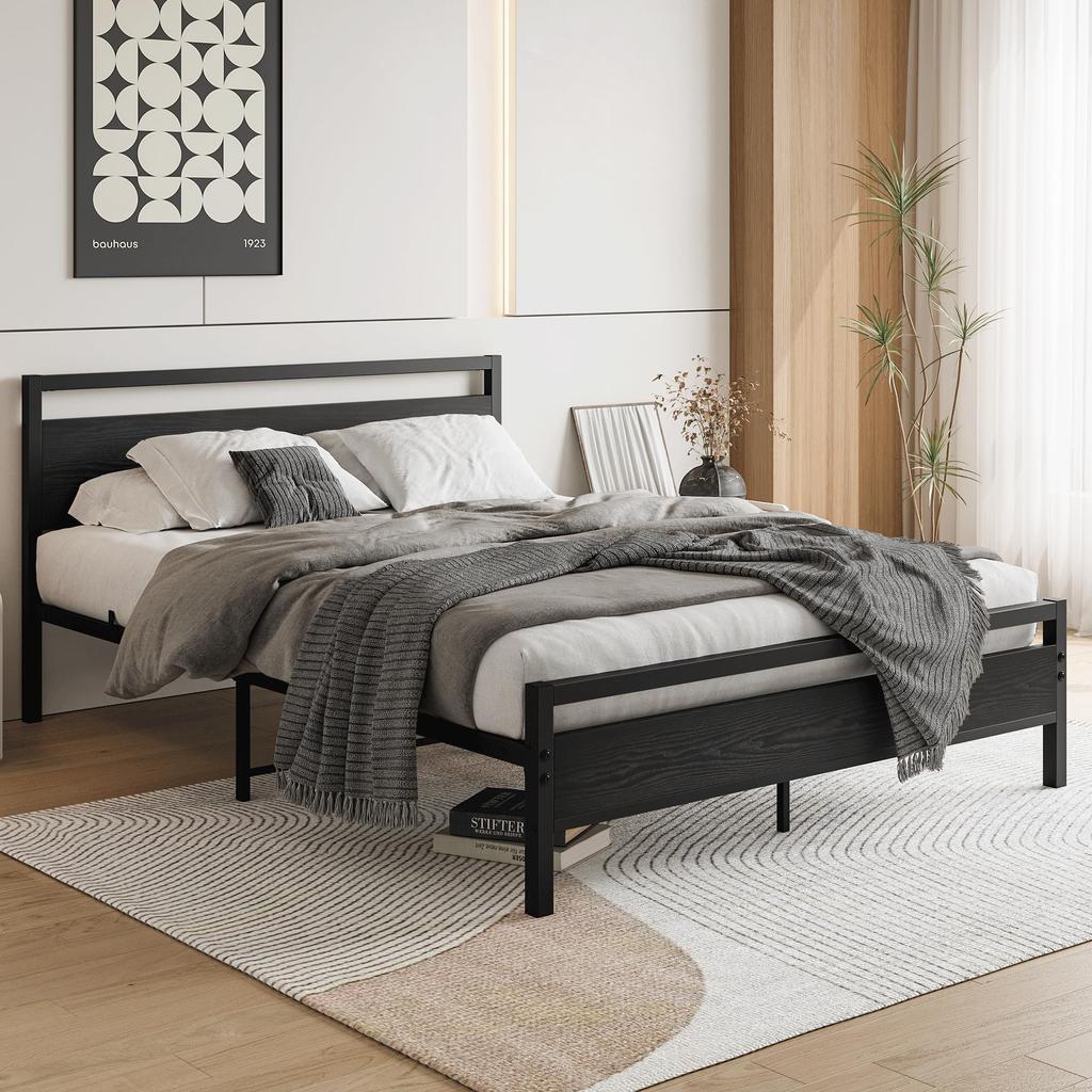 Bed Frame 140x200 cm made of Metal & Wood – Stable Single Bed with Slatted Frame & Storage, Guest Bed/Youth Bed