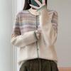 Retro Contrast Color Silk Wool Jacquard Cardigan - Women's Loose Long Sleeve Knit Top