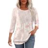 Women's Fashionable Casual Pleated Round Neck Casual Floral Print Seven Quarter Sleeved T-shirt Top