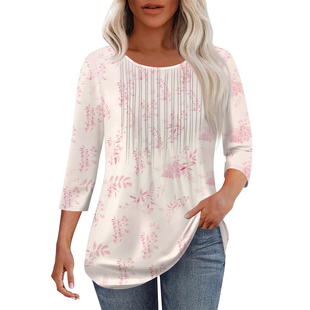 Women's Fashionable Casual Pleated Round Neck Casual Floral Print Seven Quarter Sleeved T-shirt Top