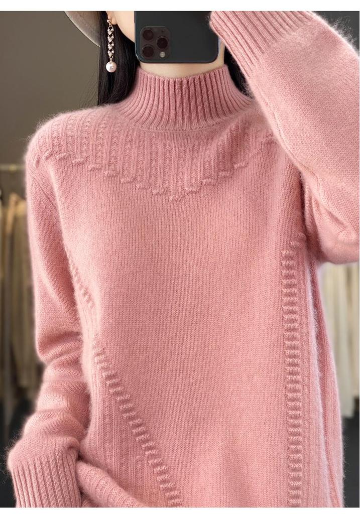 Women's 2024 Autumn/Winter Wave Pattern Wool Sweater - Half-High Collar, Thickened Solid Knit Base Layer