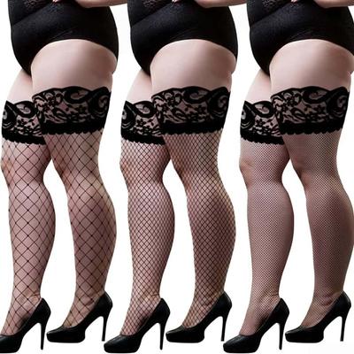 Lace Top Anti Slip Fishnet Long Socks Black White Sexy Girls Over Knee Thigh High Silk Mesh Stockings for Women Plus Size XXXXXL