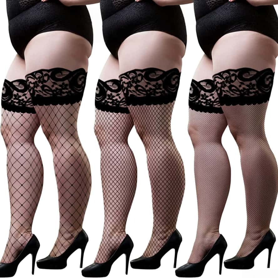 Übergröße Sexy Lolita Mädchen Kniehoch Spitzenoberteil Anti-Rutsch Fischernetz Lange Socken Oberschenkelhoch Netzstrümpfe für Damen XXL Schwarz Weiß