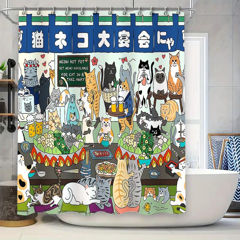 

Cat Shower Curtain Cute Kitten Bathroom Decor Washable Waterproof Fabric Japanese Style Home Decor Anime Pet Lover Gift W60H190(CM)-1 Pcs