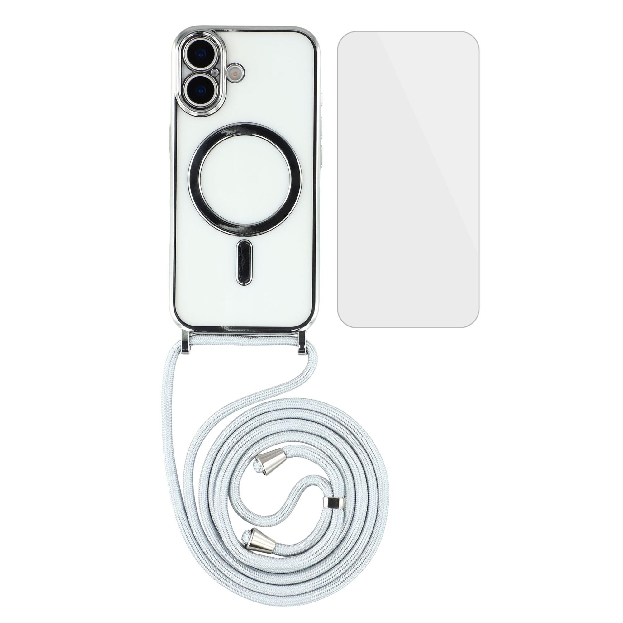 

For iPhone 17 Magnetic Case Electroplating Edge TPU Phone Cover with Screen Film/Shoulder Strap Silver