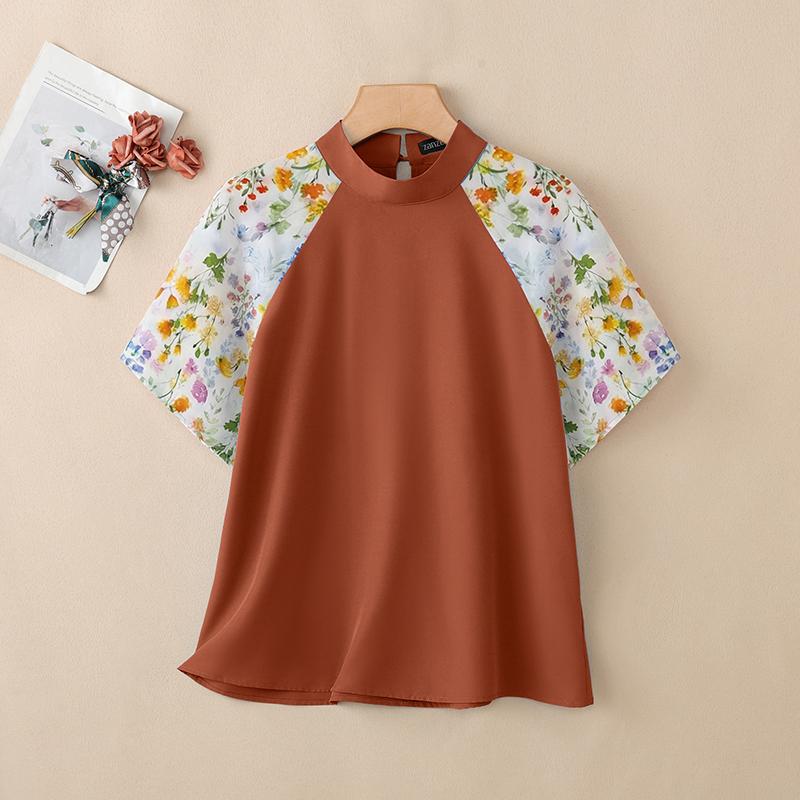 ZANZEA Women Casual Stand Collar Print Splice Half Sleeve Summer Blouse
