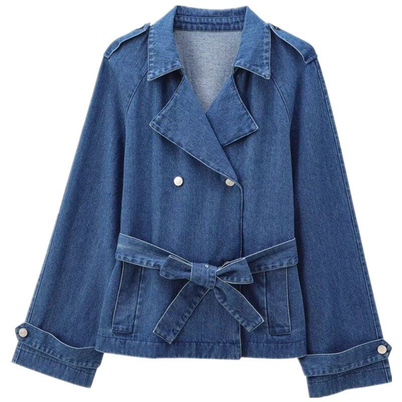 Fashion Wind 2024 New Fall Women's Clothing Stylish Easiest for Match Long Sleeves Work Clothing Belt Double Breasted Denim Outwear