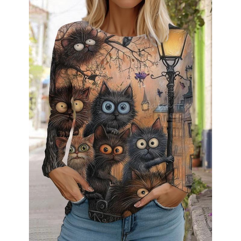 Sudadera de Mujer Diseñador Cuello Redondo Manga Larga Moda Casual Lindo Gatito Estampado de Patrón Animal Tops