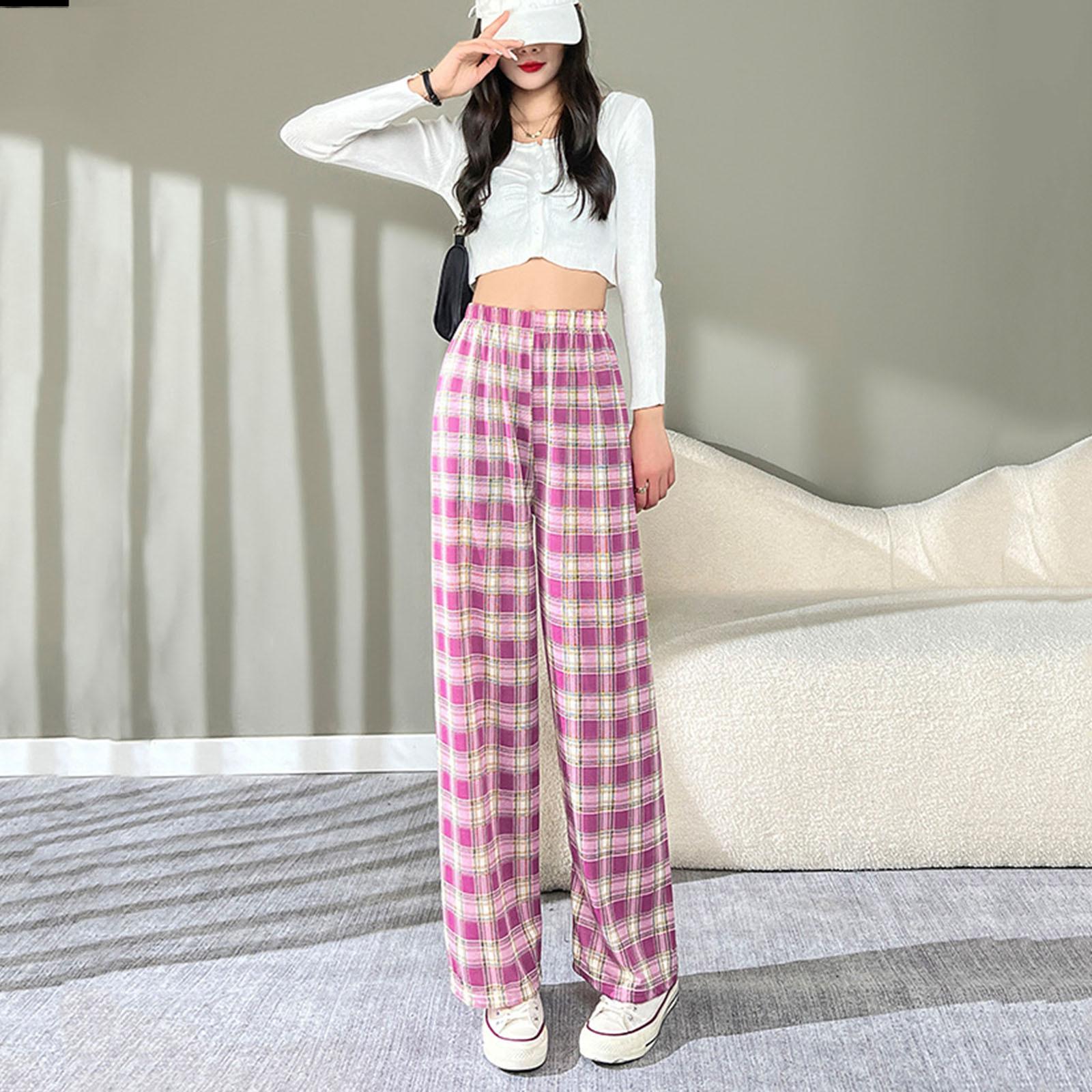 

Женские повседневные брюки, удобные брюки с принтом, брюки с высокой талией, клетчатые эластичные широкие свободные женские повседневные клетчатые брюки one size фиолетовый